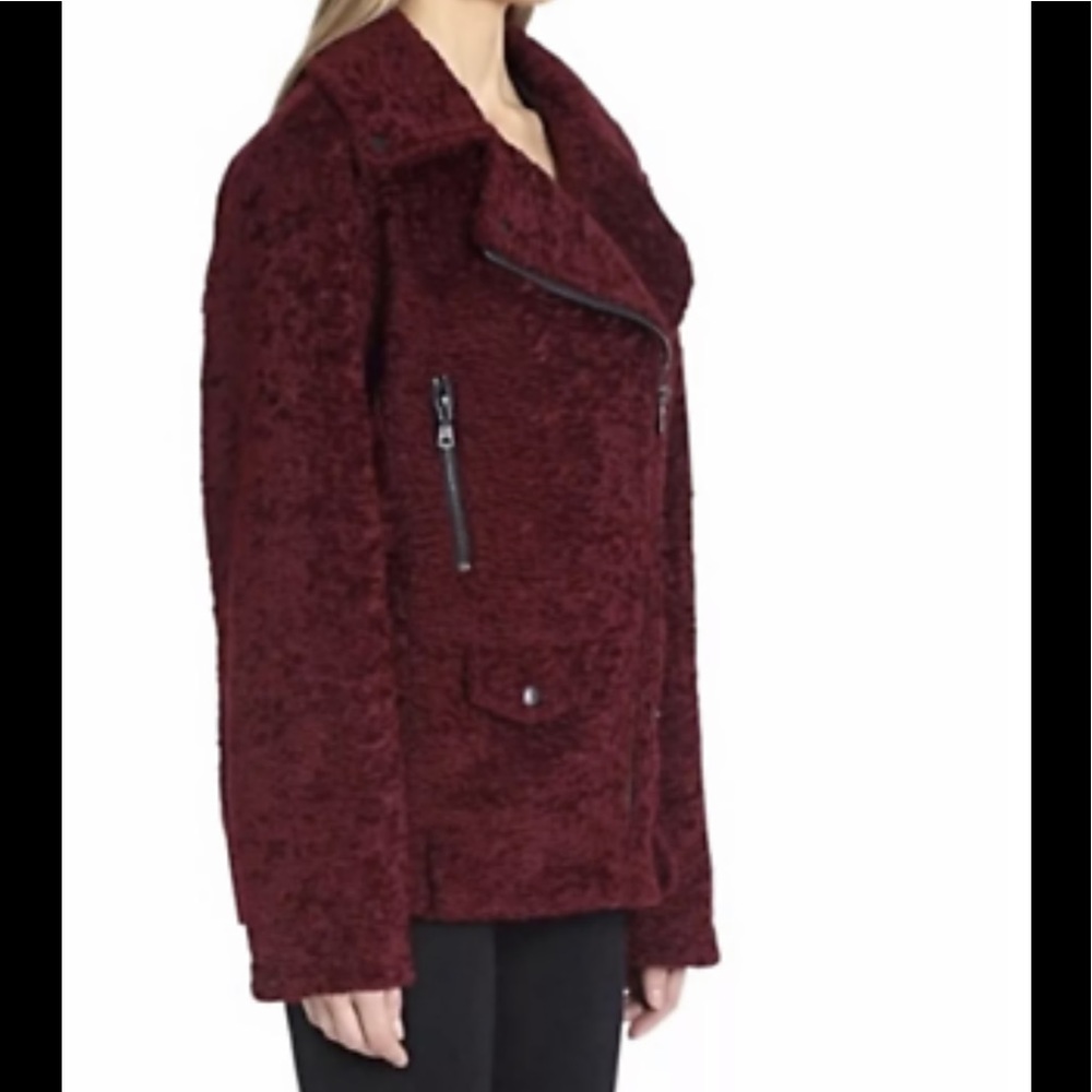 Burgundy Faux Fur Zip Biker Jacket - Picture 3 of 7